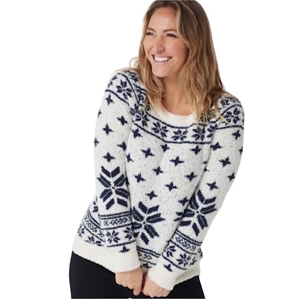 Barefoot Dreams Cream and Navy Fair Isle Crewneck Sweater